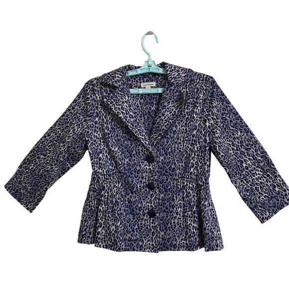Joan Rivers Small Blue & White Animal Print Button-Up Blazer Jacket 3/4 Sleeve - Picture 2 of 7